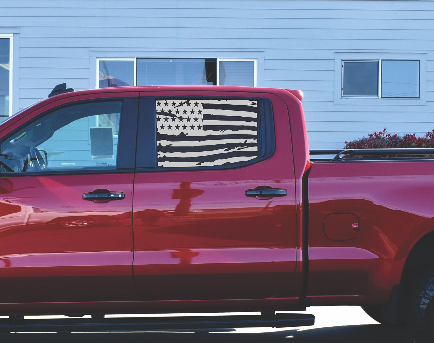 American Distressed Flag Side Window Decals for Chevy Silverado Crew Cab 2019-2024 in Matte Black Vinyl