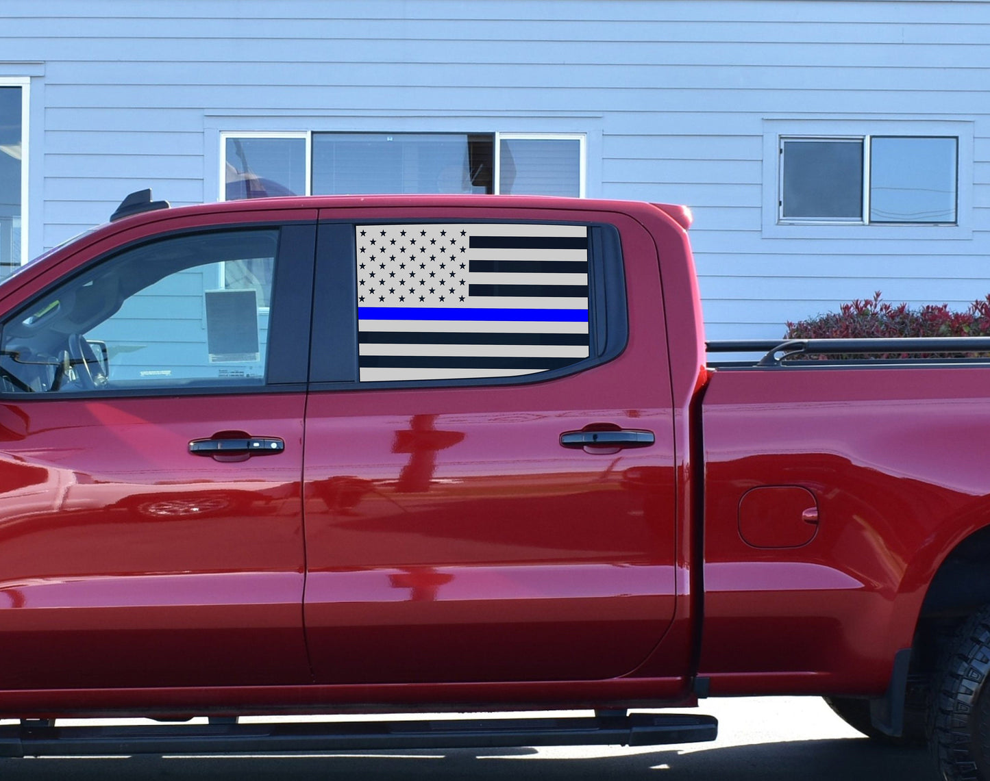 American Flag Blue Line Side Window Decals for Chevy Silverado Crew Cab 2019-2024 in matte black vinyl