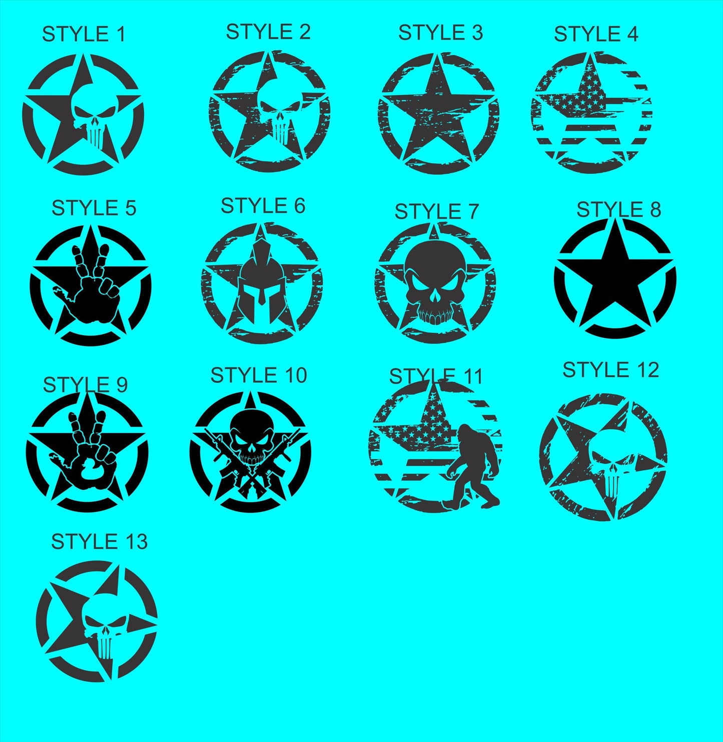 Military Star Door Decal, Military Army Star, Punisher Decal, Bigfoot decal, Flag Star Decal x2 multiples styles for Jeep and Trucks