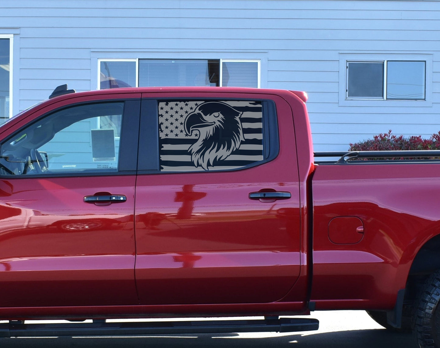 Set of two Side Window Eagle American Flag Vinyl Decal Sticker Compatible with Chevy Silverado Crew Cab 2019-2023, Matte Black