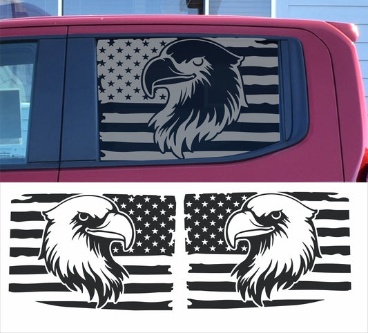 Set of two Side Window Eagle American Flag Vinyl Decal Sticker Compatible with Chevy Silverado Crew Cab 2019-2023, Matte Black